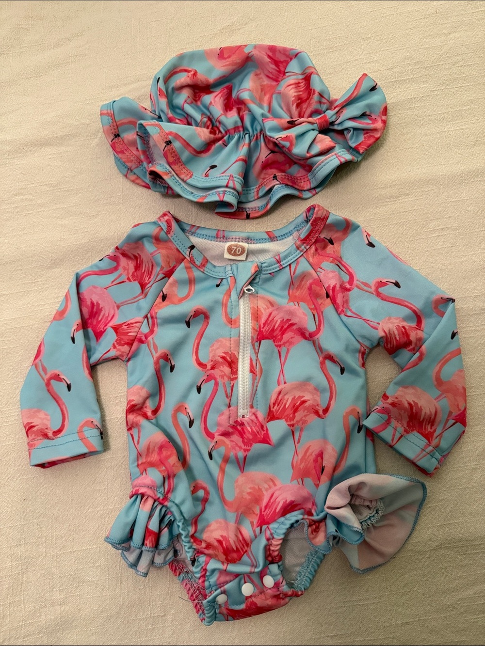 Long-Sleeve Flamingo Swimsuit in Pink & Blue